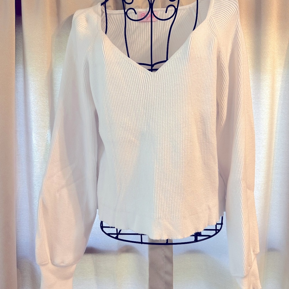 Pink Lily Women’s SUZE XL White Ribbed V-Neck Cropped Sweater